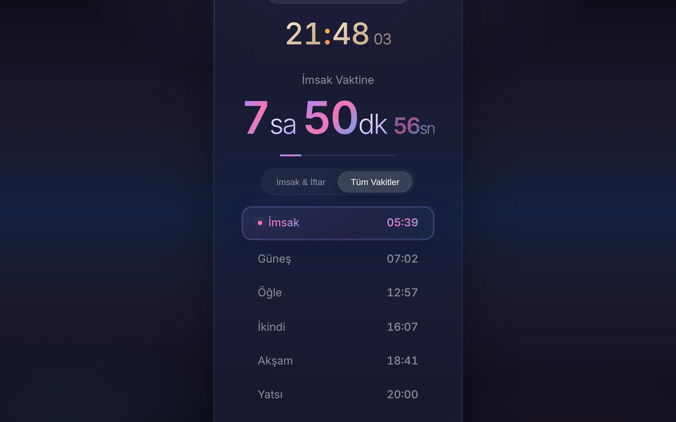 Ramazan Vakitleri arayüzünden ikinci görünüm